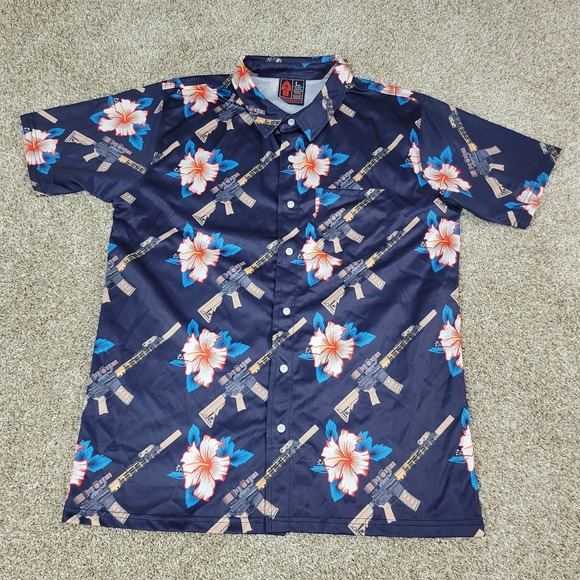 Oaf Nation Mens Large Navy AOP Floral Rifle Performance Button Up Short Sleeve - Picture 2 of 5